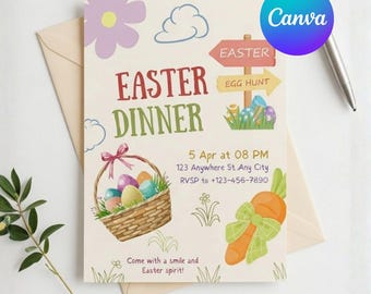 Plantilla editable de invitación para la búsqueda de huevos de Pascua y cena, invitaciones de Canva para la búsqueda de huevos, imprimible para la fiesta de búsqueda de huevos, descarga instantánea