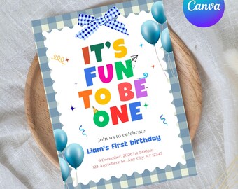 Invitación para el primer cumpleaños "Fun to Be One" - Invitación a una fiesta feliz de cuadros azules, temática Big One, para niño o niña