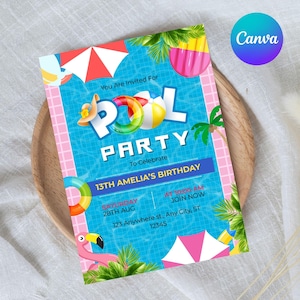 Puede incluir: Una colorida invitación a una fiesta en la piscina con el texto "Pool Party" y "13th Amelia's Birthday". El diseño incluye una piscina, un balón de playa y un flamenco, con el logo de Canva.