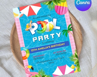 Invitación de cumpleaños para fiesta en la piscina de flamencos para bebés, niños y adolescentes, niño o niña, tarjeta digital editable e imprimible.