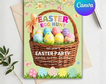 Plantilla editable para invitación a fiesta de Pascua, búsqueda de huevos de Pascua, invitación imprimible para brunch de Pascua, Canva de Pascua editable, descarga instantánea