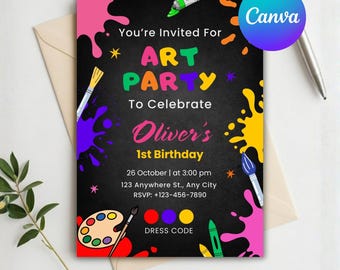 Plantilla de invitación de cumpleaños editable con arte, invitación para fiesta de pintura, imprimible para fiesta de arte infantil, manualidades para cumpleaños, descarga instantánea