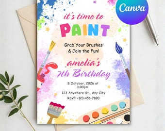 Plantilla editable de invitación de cumpleaños para fiesta de pintura, invitación de cumpleaños infantil con temática artística, ¡Pintemos y celebremos!, descarga instantánea.