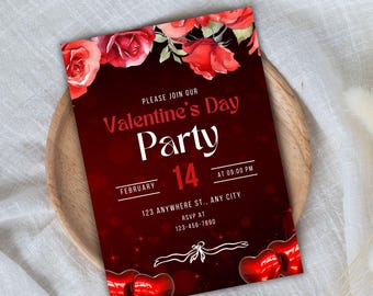 Plantilla editable de invitación para fiesta de San Valentín, invitación digital imprimible para brunch, clase, cena o fiesta, fiesta de San Valentín para chicas.