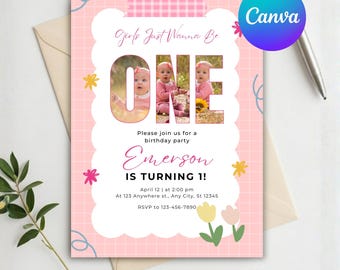 Chicas solo quieren ser una, invitación rosa a cuadros, invitación para el primer cumpleaños de una niña con foto, invitación para el primer cumpleaños, invitación de cumpleaños en tonos pastel, descarga instantánea