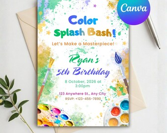 Plantilla de invitación para fiesta de cumpleaños de arte, fiesta de pintura para niños, invitación imprimible con temática de arte, invitación para fiesta de artista de pintura creativa