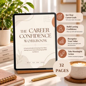 Może przedstawiać: Cyfrowy tablet wyświetlający okładkę The Career Confidence Workbook z beżowymi i brązowymi abstrakcyjnymi kształtami, tekstem oraz ilustracjami liści. Ekran wymienia cztery cele zawodowe i wskazuje, że zeszyt ma 32 strony.