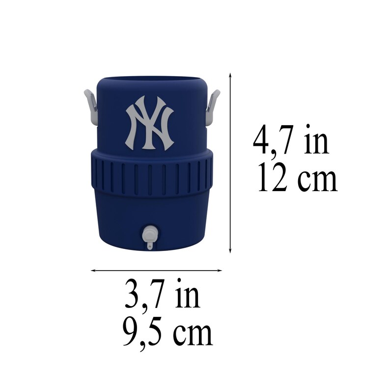 May include: A navy blue beverage cooler with the New York Yankees logo. The cooler is 4.7 inches tall and 3.7 inches wide. It has a spigot and two handles. The logo is white and is on the top portion of the cooler.