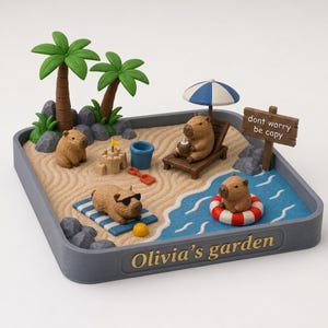 Peut inclure: Un diorama de plage miniature avec quatre figurines de capybaras, deux palmiers, un château de sable, un seau bleu, une chaise longue avec un parasol bleu et blanc, et une bouée rouge et blanche. Un panneau en bois indique "dont worry be capy". La base porte l'inscription "Olivia's garden".