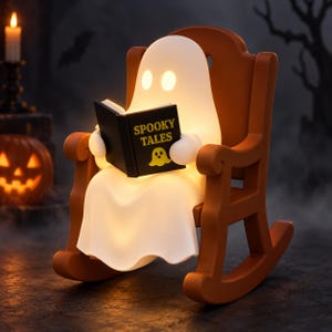 May include: A white, glowing ghost-shaped lamp sitting in a brown rocking chair. The ghost holds a black book with the text "SPOOKY TALES" and a small yellow ghost icon printed on the cover. The lamp emits a warm light from within its form.