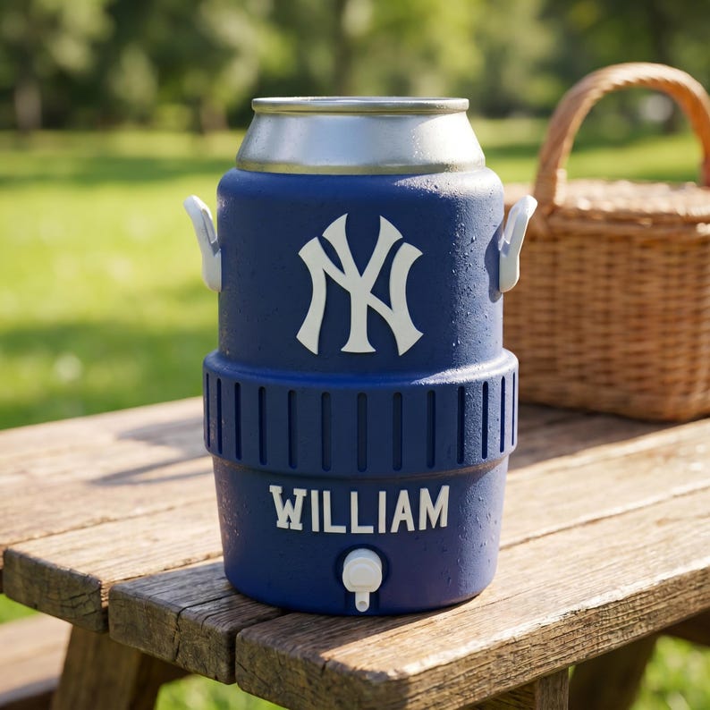 May include: A navy blue insulated beverage cooler with a silver lid and white handles. The cooler features the New York Yankees logo and the name "WILLIAM" in white. It has a spigot for dispensing drinks and is sitting on a wooden picnic table.