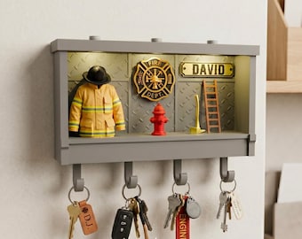 Custom Name Firefighter Shadow Box Key Holder, 3D Printed Firefighter Wall Decor, Personalized Fire Dept Key Hanger, Proud Fireman Gift