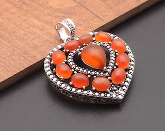 Colgante de corazón de cornalina hecho a mano - Joyería bohemia de plata de ley 925