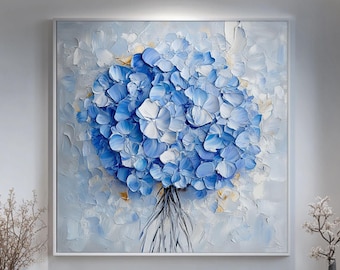 Blue Hydrangea Oil Painting, Textured Floral Impasto Art, Soft Blue Wall Art for Living Room Bedroom Coastal Decor