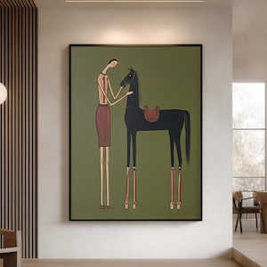 May include: An abstract painting on a green background depicts a tall, slender figure with a horse. The horse is black with a saddle, and the figure is touching its head. The painting is framed in black.