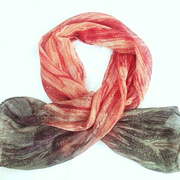 Ladies Scarf, Sheer Scarf, Fire Red, Orange and Dark Green, Unique and Fun Scarf