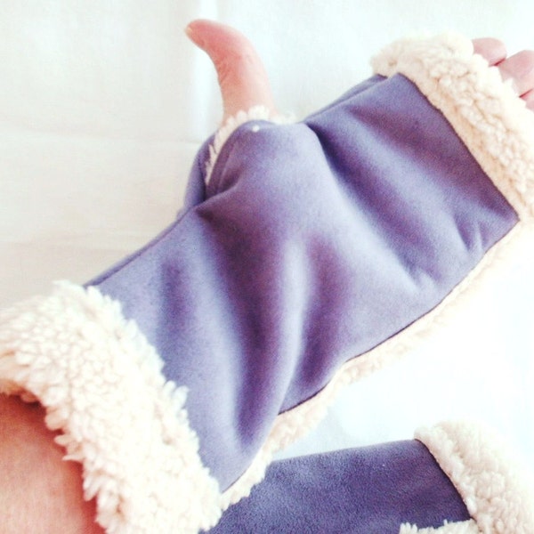 Fingerless Gloves, Purple Fingerless Mittens, Faux Suede and Sherpa, Warm, Soft, Medium