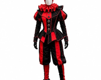 Red Black Harlequin Jester Costume | Medieval Fool Cosplay Outfit, Cotton Fabric Set