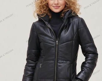 Lyxig, svart läderjacka i hellångt skjortlager – Varm vinterparkas med fårskinnsfodrad huva