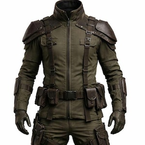 Puede incluir: Traje táctico verde oliva con detalles de cuero, que incluye una chaqueta, pantalones y botas. El traje presenta múltiples bolsillos, correas y rodilleras. La chaqueta tiene hombreras y un cuello alto. Las botas son marrones.
