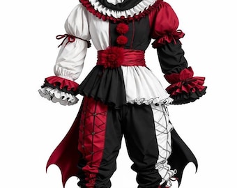 Harlequin Gothic Clown Costume – Red Black & White Fantasy Outfit Hallowen Costume