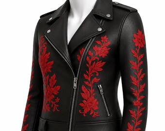 Women Black Embroidered Sheep leather jacket