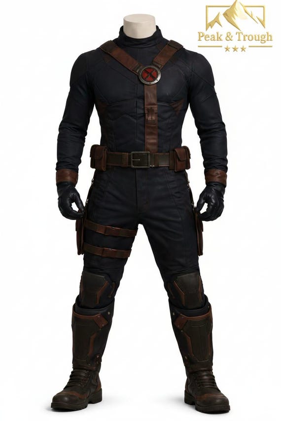 Superhero Tactical Cotton Suit – Black Cosplay Bodysuit with Brown Harness, Custom Size