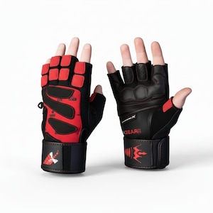 May include: Pair of black and red weightlifting gloves. The gloves have a wrist strap with a logo and the word "GEARR" printed on the side. The gloves are designed to protect the hands during weightlifting exercises.