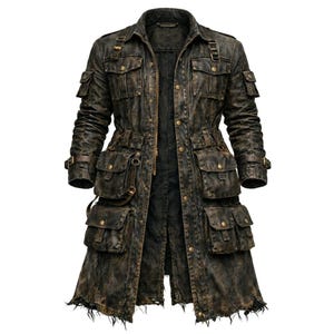 May include: A distressed brown long coat with multiple pockets, buckles, and a zip closure. The coat has a rugged, worn appearance with a frayed hemline, suggesting a vintage or post-apocalyptic style. The coat is designed with a collared neckline and long sleeves.
