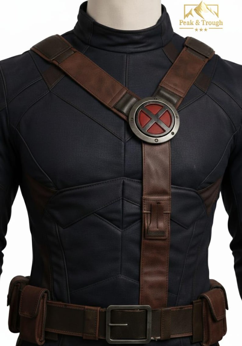 Pu&ograve; includere: Un costume blu navy con cinghie e cintura in pelle marrone. Il petto presenta un emblema circolare con un design a "X" rosso. Il costume ha un motivo trapuntato e due piccole tasche sulla cintura.