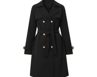 May include: A black trench coat with a double-breasted design, featuring gold-colored buttons and a matching belt. The coat has a classic collar, shoulder epaulettes, and sleeve straps. A stylish outerwear garment.