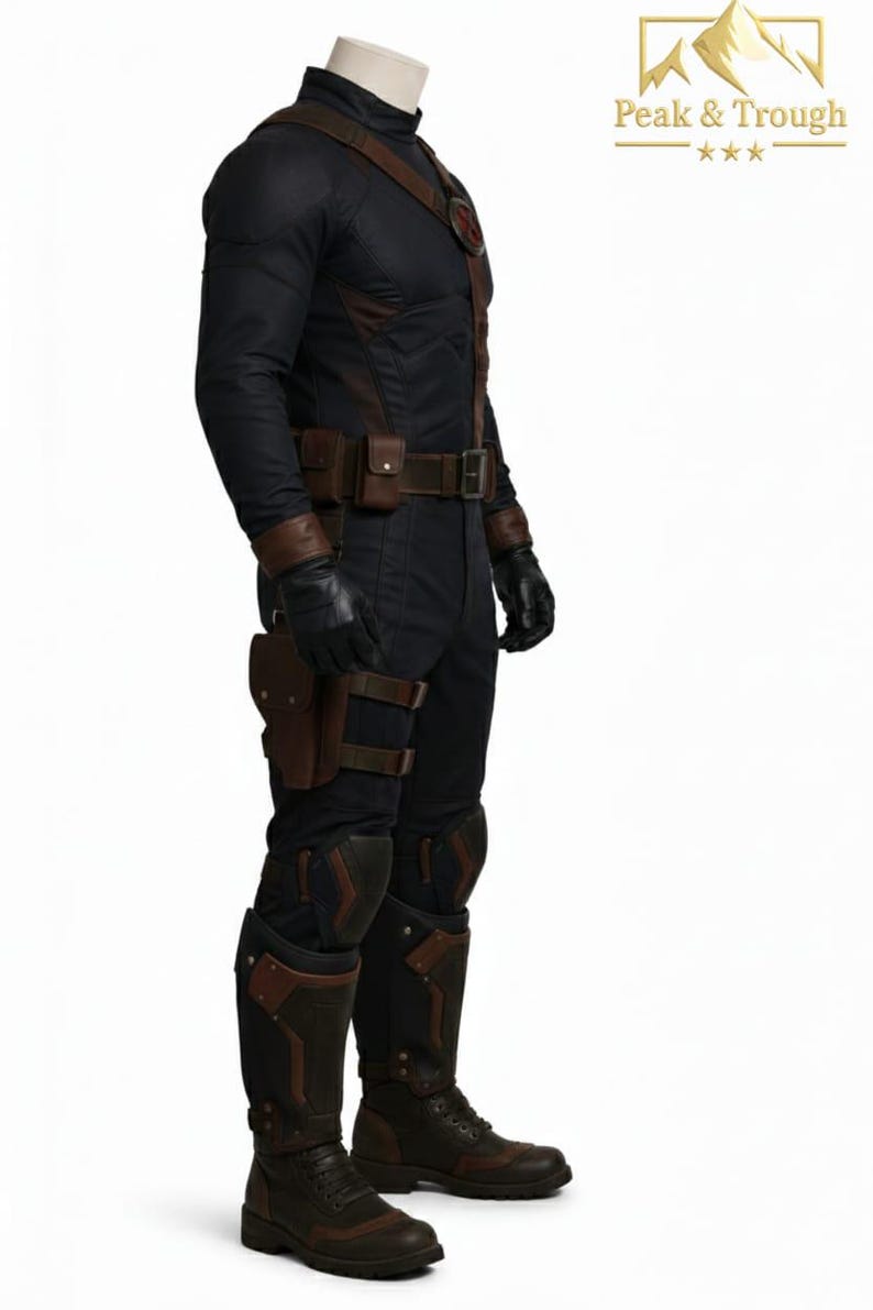 Pu&ograve; includere: Costume nero e marrone con collo alto, tracolla e cintura multiuso. L'outfit include guanti, ginocchiere e stivali. Un'emblema rosso e bianco &egrave; visibile sul petto. Il costume &egrave; per cosplay o eventi a tema.