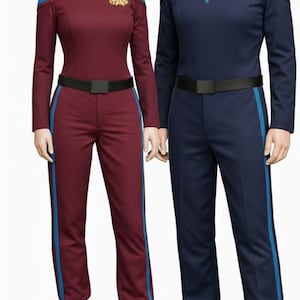 May include: Two mannequins display matching uniforms. One is burgundy with blue accents, the other is navy blue with blue accents. Both have a black belt, a gold emblem, and black boots. The uniforms are from Peak & Trough.