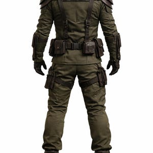 May include: Olive green military-style uniform with the word "VALERIAN" on the chest. The outfit includes a jacket, pants, and multiple pouches. The jacket has shoulder pads and the uniform is worn with black gloves and boots.
