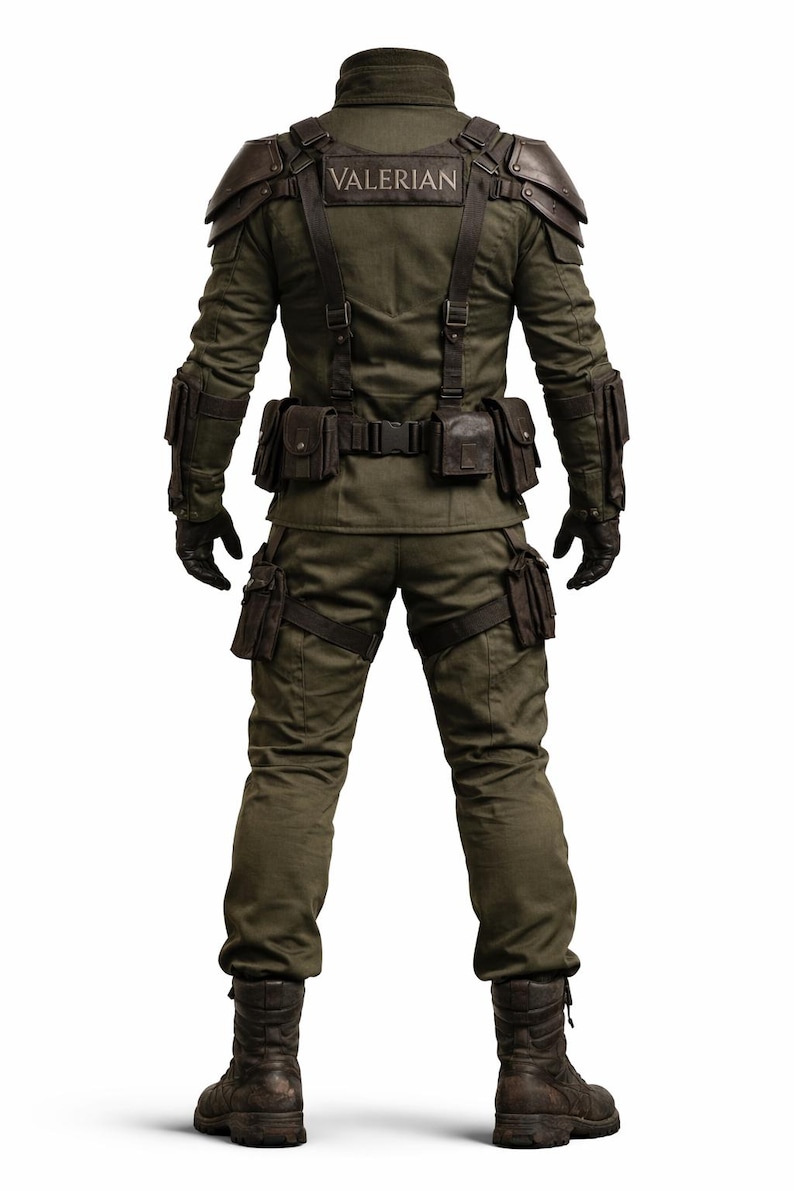 May include: Olive green military-style uniform with the word "VALERIAN" on the chest. The outfit includes a jacket, pants, and multiple pouches. The jacket has shoulder pads and the uniform is worn with black gloves and boots.