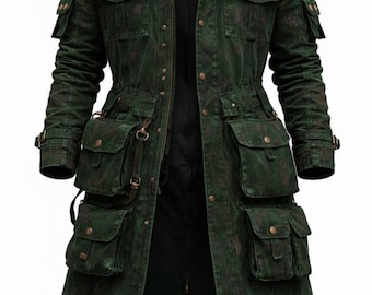 Men's Distressed Green Denim Trench Coat | Steampunk Military Outerwear