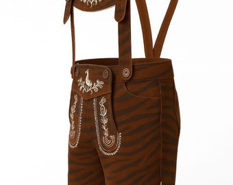 May include: Brown leather lederhosen with suspenders. The shorts feature a zebra stripe pattern and are adorned with white embroidered floral designs. The suspenders have decorative buckles and a matching embroidered yoke.