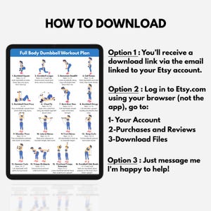 May include: A digital tablet displays a Full Body Dumbbell Workout Plan with sixteen illustrated exercises. To the right, text instructions titled HOW TO DOWNLOAD explain three options for accessing the file via email or Etsy account.