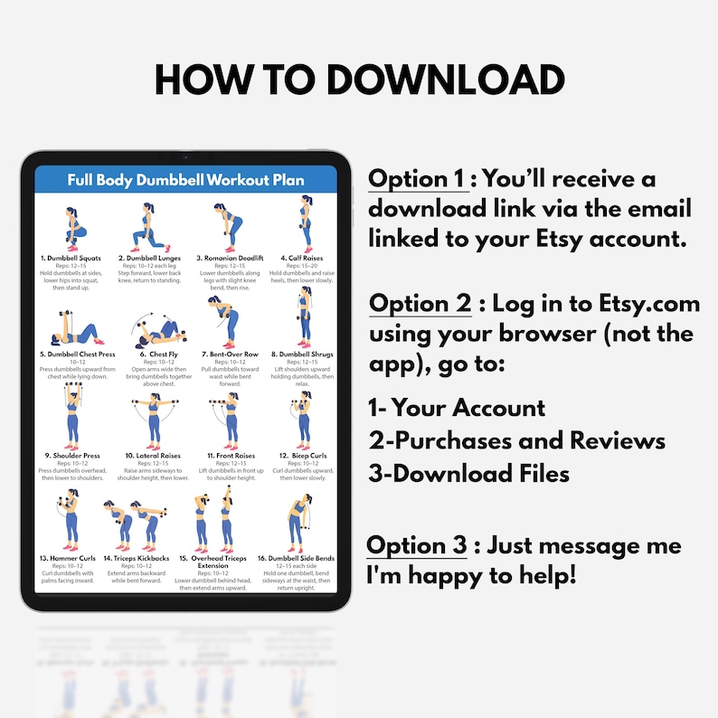 May include: A digital tablet displays a Full Body Dumbbell Workout Plan with sixteen illustrated exercises. To the right, text instructions titled HOW TO DOWNLOAD explain three options for accessing the file via email or Etsy account.