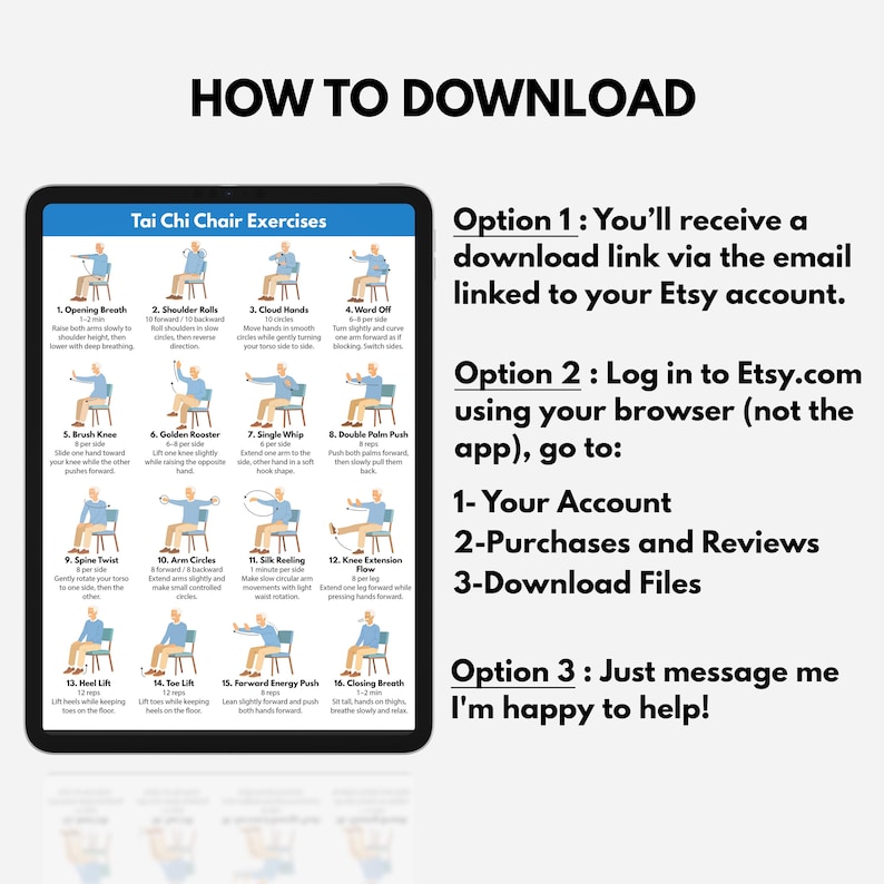 May include: A digital download image with instructions for Tai Chi Chair Exercises. The image shows a tablet displaying exercise diagrams and text on how to download the digital file. Text includes "How to Download" and instructions.