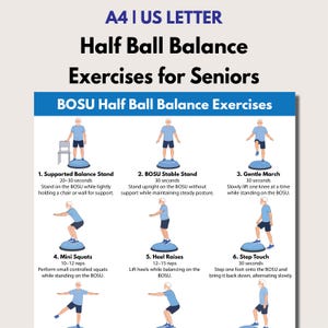 May include: A poster with exercise instructions for seniors, featuring a BOSU half ball. The exercises include supported balance stand, stable stand, gentle march, mini squats, heel raises, and step touch. The poster is white with blue accents.