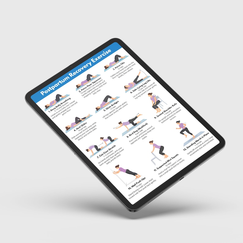 May include: A tablet displaying a "Postpartum Recovery Exercise" guide. The guide features illustrated exercises with instructions, including deep belly breathing, pelvic floor sequences, and mini squats. The tablet is black with a white background.