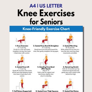 Könnte beinhalten: Eine Übungstabelle mit dem Titel "Knieübungen für Senioren" mit Illustrationen von Übungen. Die Übungen umfassen Kniebeugen, sitzende Kniebeugen, sitzendes Marschieren, sitzendes Knieheben, stehende Kniebeugen, Hamstring-Dehnungen, Wadenheben und Fersenheben.