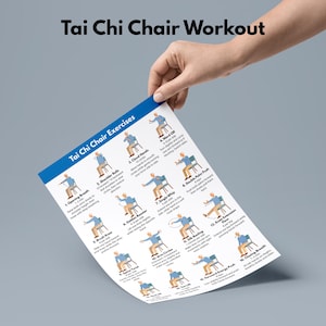 May include: A white paper titled "Tai Chi Chair Workout" held by a hand. The paper features illustrations of Tai Chi exercises, including "Opening Breath" and "Shoulder Rolls". The text "Tai Chi Chair Exercises" is displayed prominently.