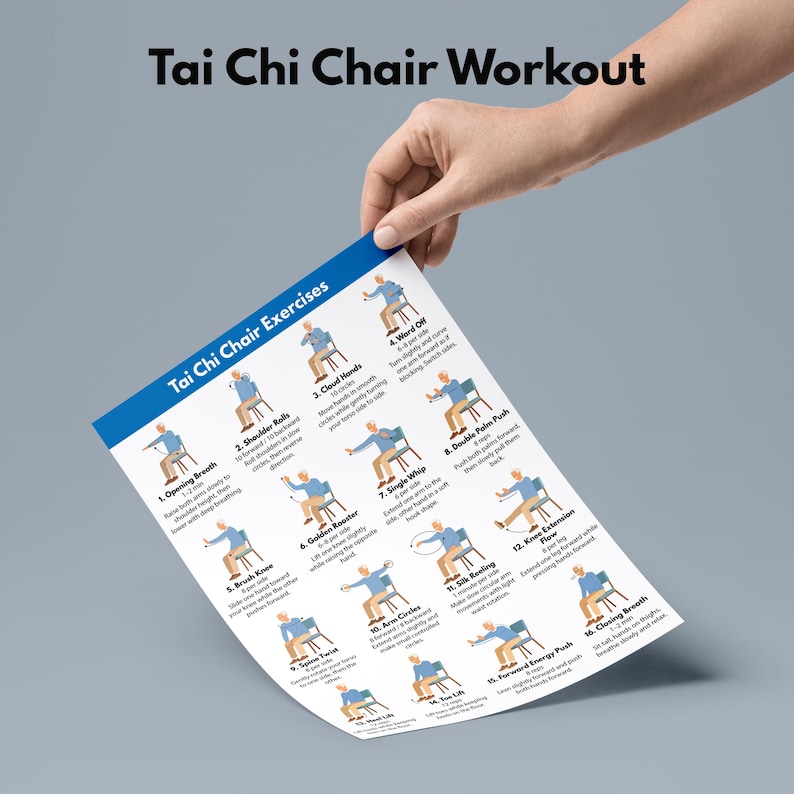 May include: A white paper titled "Tai Chi Chair Workout" held by a hand. The paper features illustrations of Tai Chi exercises, including "Opening Breath" and "Shoulder Rolls". The text "Tai Chi Chair Exercises" is displayed prominently.