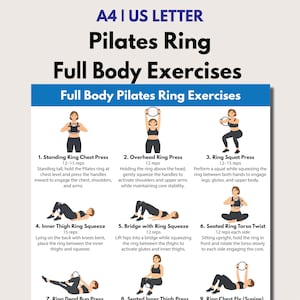 Könnte beinhalten: Eine weiße und blaue Pilates-Ring-Übungstabelle. Die Tabelle enthält neun Ganzkörperübungen, wie z. B. Standing Ring Chest Press und Ring Squat Press. Der Text auf der Tabelle ist in Schwarz und Weiß.