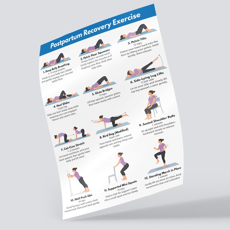 Postpartum Recovery Exercises Printable, Postnatal Workout Chart, Pelvic Floor & Core Strength, Postpartum Exercise Plan image 2