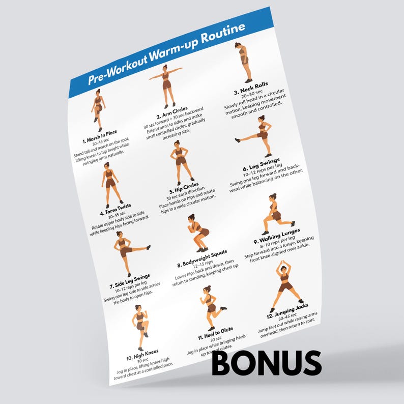 May include: A white poster titled Pre-Workout Warm-up Routine featuring twelve numbered illustrations of a figure performing exercises including march in place, arm circles, neck rolls, torso twists, hip circles, leg swings, squats, and jumping jacks.