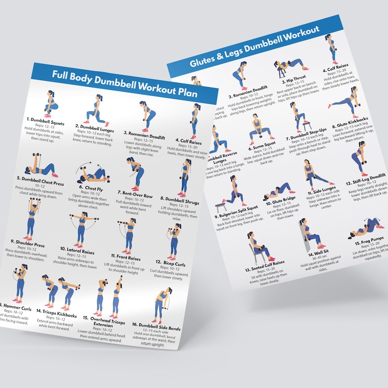 May include: Two white workout posters with blue headers titled Full Body Dumbbell Workout Plan and Glutes & Legs Dumbbell Workout. Each poster features numbered illustrations of figures performing various exercises with dumbbells and descriptive text.