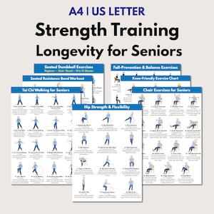 May include: A collection of instructional exercise posters titled Strength Training Longevity for Seniors, featuring A4 and US Letter formats. Each white poster displays blue headers and detailed illustrations of seated and standing movements.